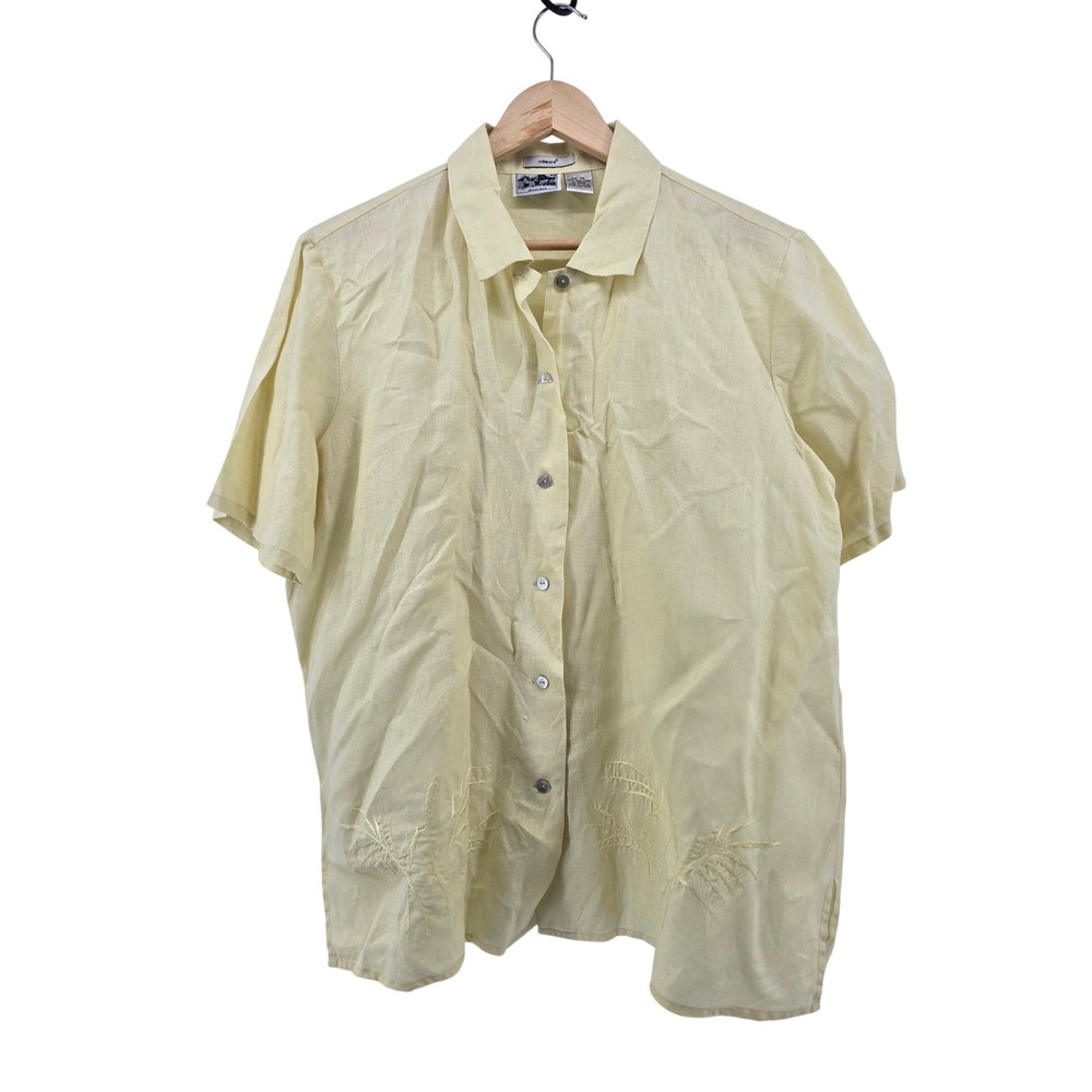 Edward Shirt Womens XL Yellow 100% Irish Linen Short Sleeve Embroidered Hem